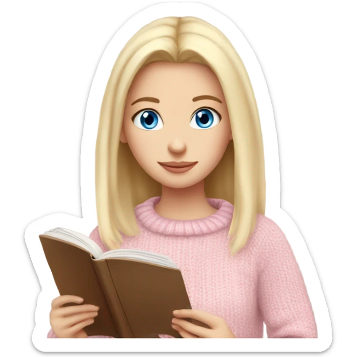 Pretty blue eyed white girl with light pink sweater reading cozy sticker