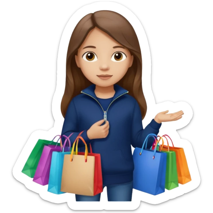 A little girl (he usually calls her baby), who is obsessed with shopping and luxury brands and holds a dozen of bags, she wears navy blue half zip sweater and holds 10 bags and she has long brown hair  sticker