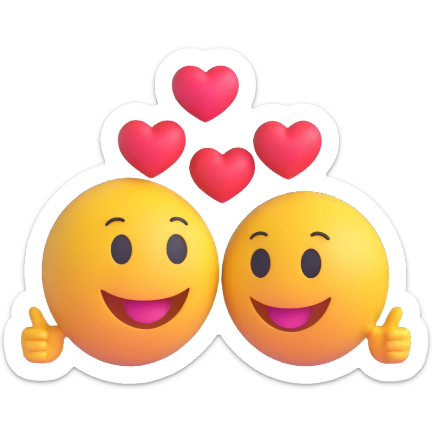 3D smiley emoji, round shape, in love: loving smiley couple looking at each other, hearts sticker
