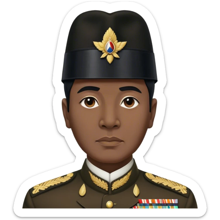 ​Cinematic Realistic Portrait of Sukarno, depicted in a lifelike, realistic style based on his iconic portrait, showcasing his thoughtful, charismatic expression in period attire, rendered with detailed textures and warm, evocative lighting that captures his pioneering spirit and national pride, sticker