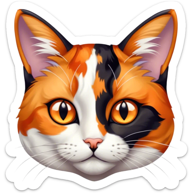 Cinematic Noble Calico Cat Portrait Emoji, Poised and regal, with a striking patchwork fur in vibrant orange, black, and white hues, delicate whiskers and a refined, focused gaze, simplified yet exquisitely detailed, glowing with a soft, moonlit radiance and an air of aristocratic elegance, high shine, exuding dignified intelligence and poised authority, soft glowing outline, capturing the essence of a watchful and noble calico cat that appears ready to grace the screen with effortless majesty! sticker