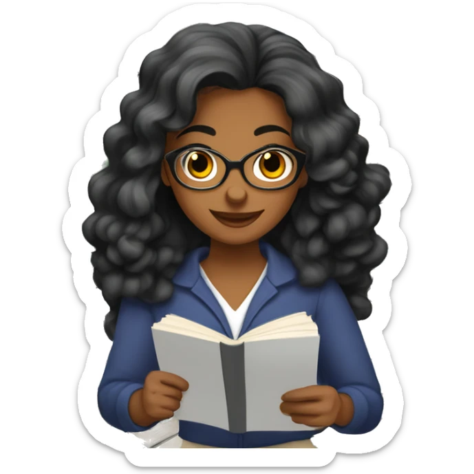 Chica de cabello ondulado color negro estudiando llena de libros y apuntes y el ordenador  sticker