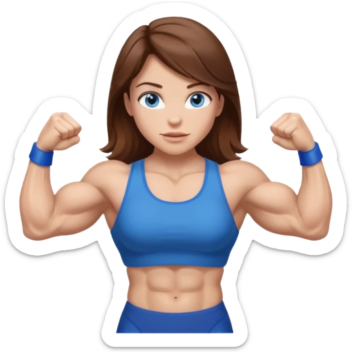 Girl with brown hair, blue eyes and really muscular arms, flexing her muscles sticker