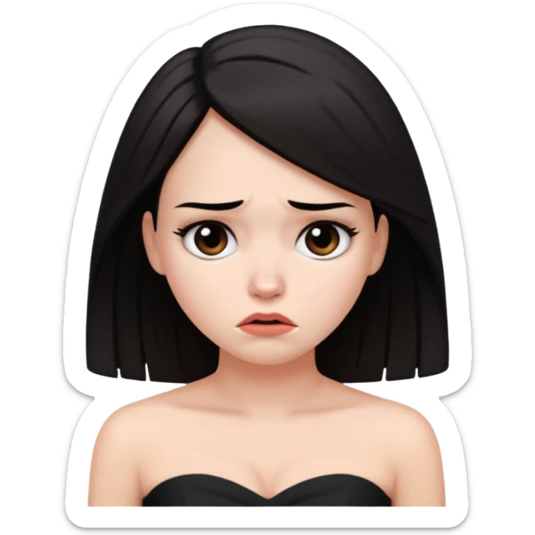 WOMAN WITH WHITE SKIN, DARK HAIR WEARING BLACK STRAPLESS DRESS LOOKING UPSET  sticker