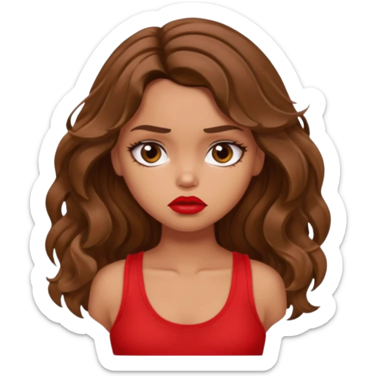 generate a pretty tan bratz girl with brown wavy hair long wearing a red tank top, red lipstick. Looking sad sticker