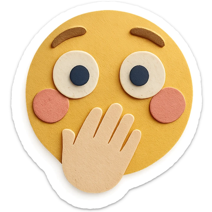 surprised face with hand over mouth, wide eyes, pink cheeks, paper craft style sticker