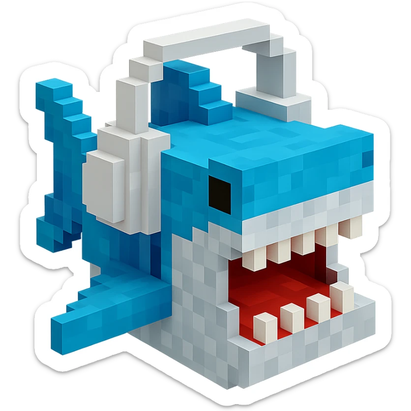 voxel style shark with white headphones, open mouth, blocky, blue and silver, no background sticker
