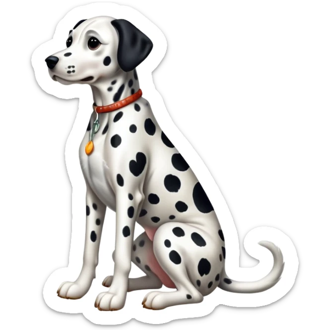cinematic-[dalmatian dog]-realistic-full-body-sitting-emoji,-tail-resting-loosely-beside-its-paws,-head-tilted-dramatically,-sleek-[spotted]-fur,-simplified-yet-realistic-focused-features,-highly-detailed,-glowing-with-an-almost-sarcastic-glow sticker