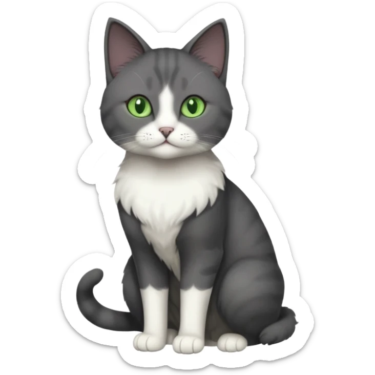 full body view of beautiful female solid dark grey cat with green eyes, white toes and white patch on chest sticker