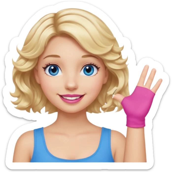 Girl Blonde short wavy hair,  blue eyes, cute blue top, long lashes, pink lips, smiling, hand in the air sticker