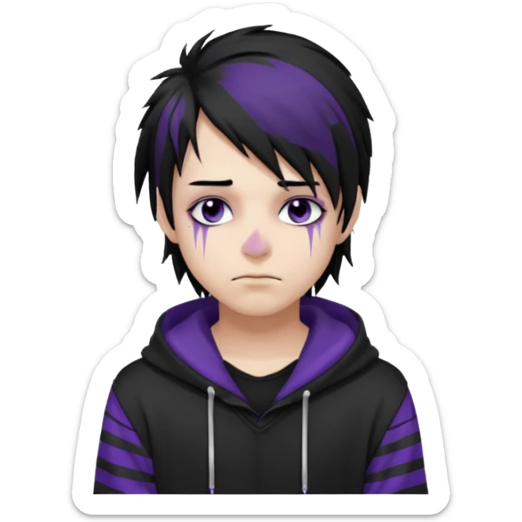 emo teen boy with long one-side messy black hair, dark hoodie with white and purple striped sleeves, piercings on his nose, dark eyeshadow sticker