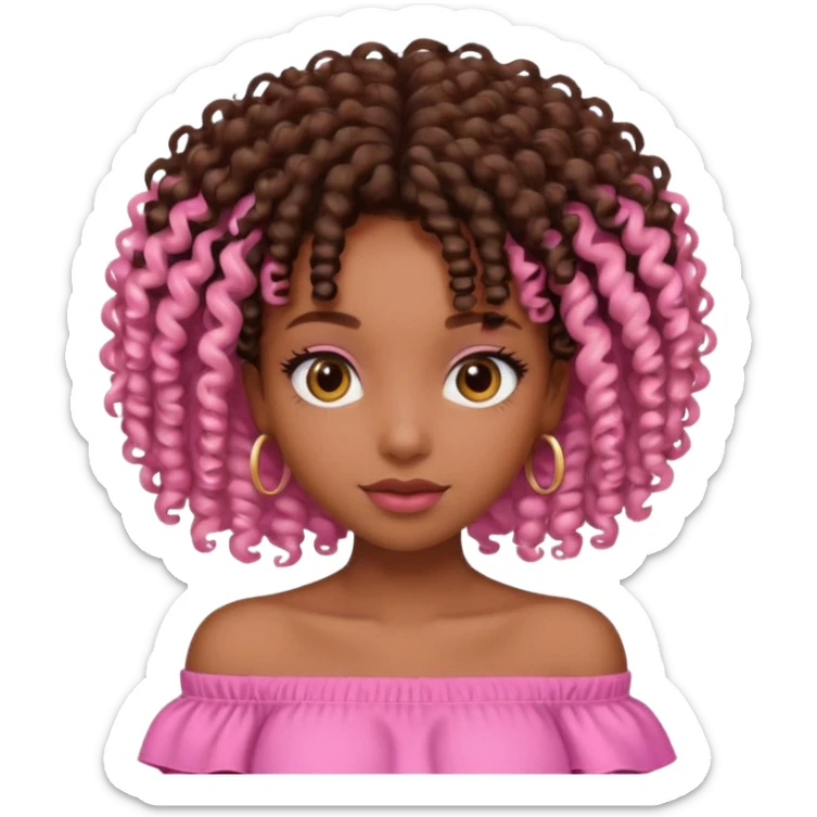 A brown skin girl with a curly 4C hair and she has a pink off shoulder top, sticker