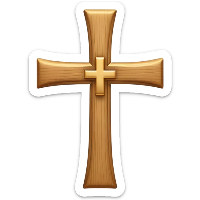 3D emoji of a simple cross, made of smooth wood or gold, with soft edges and a glossy finish in emoji style sticker