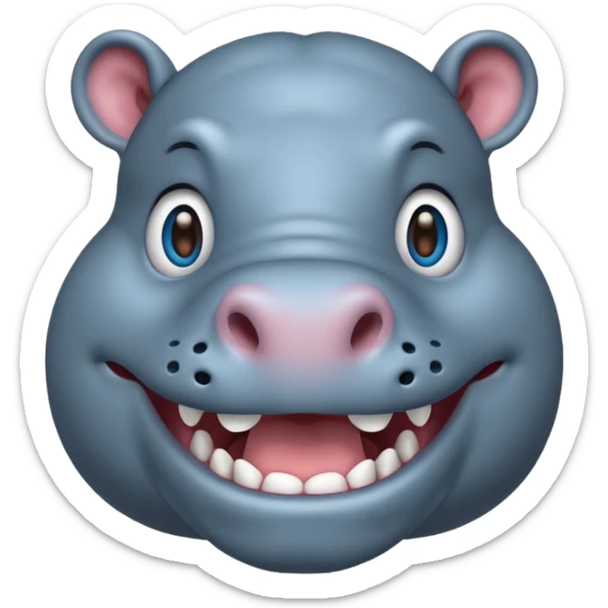 smiling hippo emoji, big mouth and round nose, bright gray and blue colors sticker