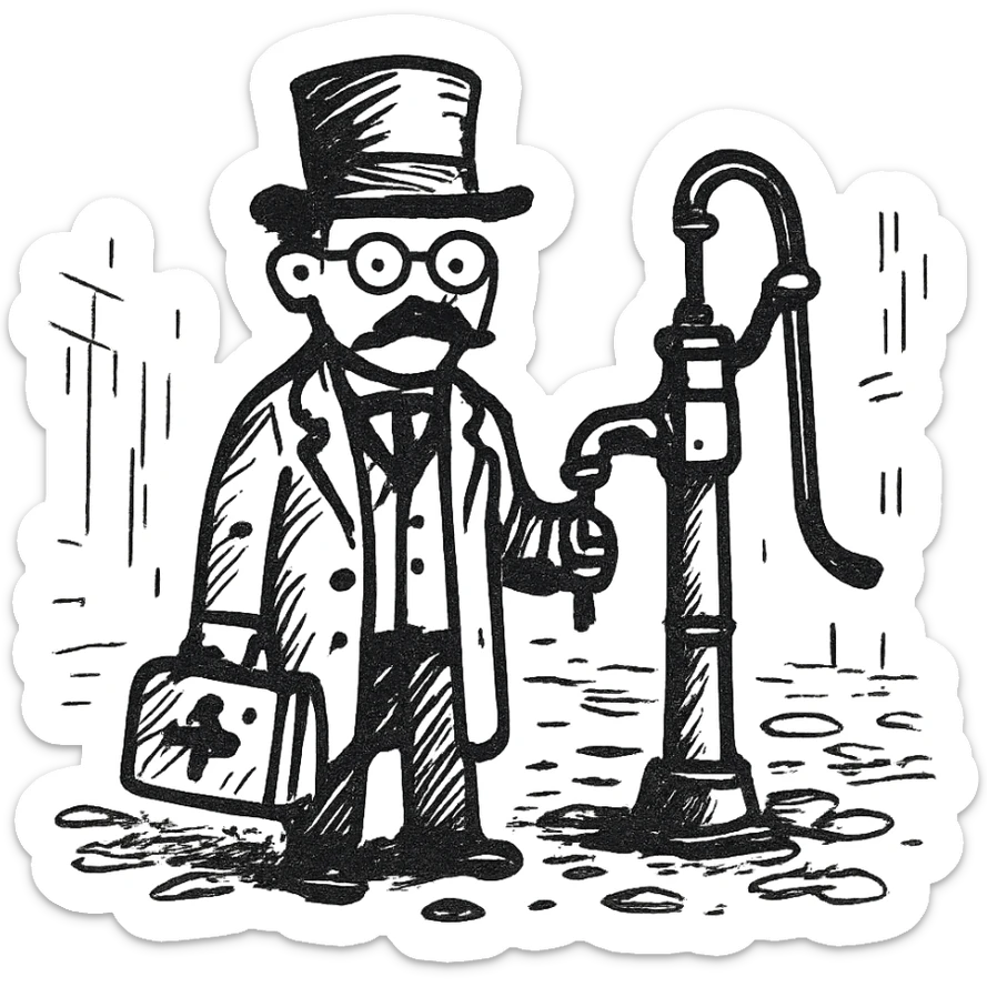 A victorian doctor with a street water pump in a dirty street sticker