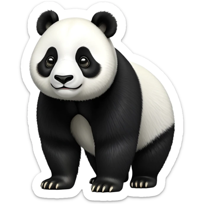 cinematic-[panda bear]-realistic-full-body-standing on all fours-emoji,-tail-tucked-close,-head-tilted-dramatically,-thick-[black and white]-fur,-simplified-yet-realistic-focused-features,-highly-detailed,-glowing-with-an-almost-sarcastic-glow sticker