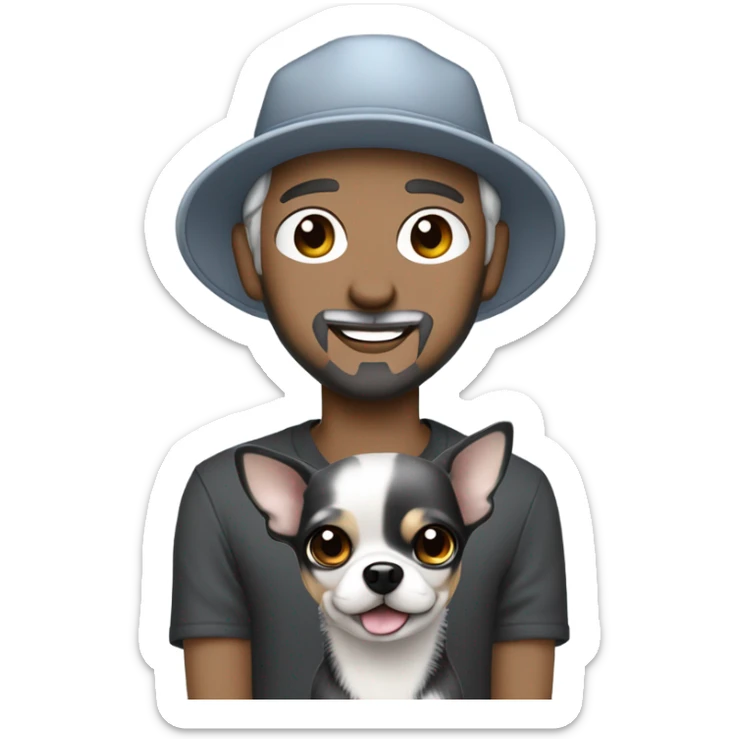 man blue eyes gray hair gray goatee ball cap holding black longhair chihuahua  sticker