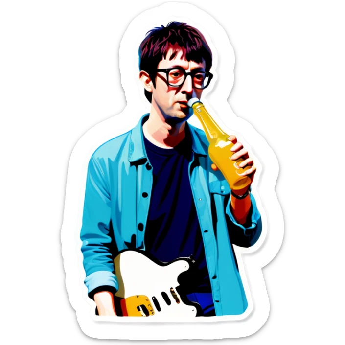 Blur guitarist Graham Coxon is holding butterscotch telecaster and drinking korean soju. sticker