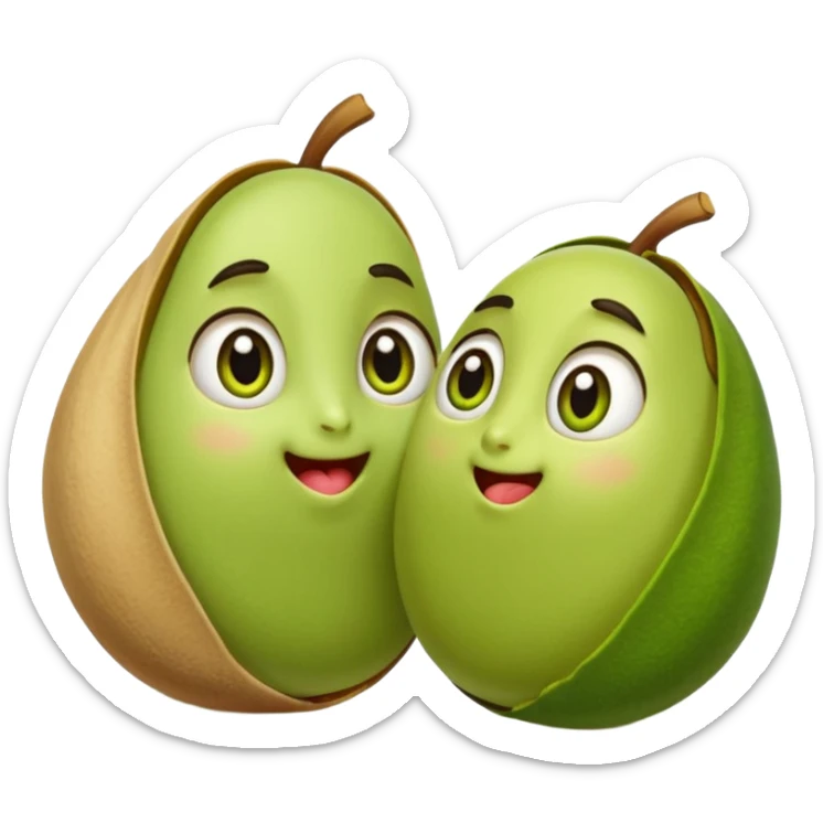 a couple of pistachio and pistachia in love, one with open shell, both with big eyes and blushing cheeks, iOS emoji style sticker