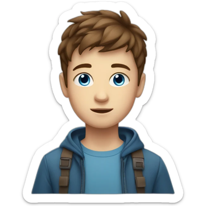 A boy teenager with blue eyes and short brown hair and a ray in the middle sticker
