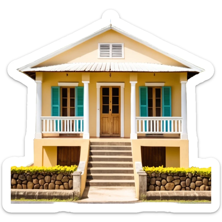 A typical wooden house from rural Puerto Rico with a central functional door, two symmetrical windows with shutters, a front porch with open railings, and a rocking chair. The house should look humble but well-maintained, evoking warmth and authenticity. sticker