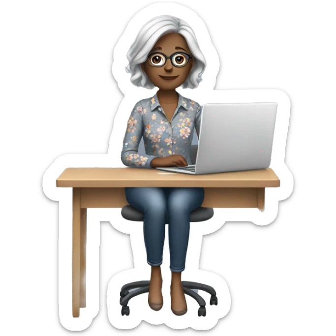White female Teacher sitting at desk with a laptop shoulder length grey hair wearing glasses jeans and a flower shirt sticker