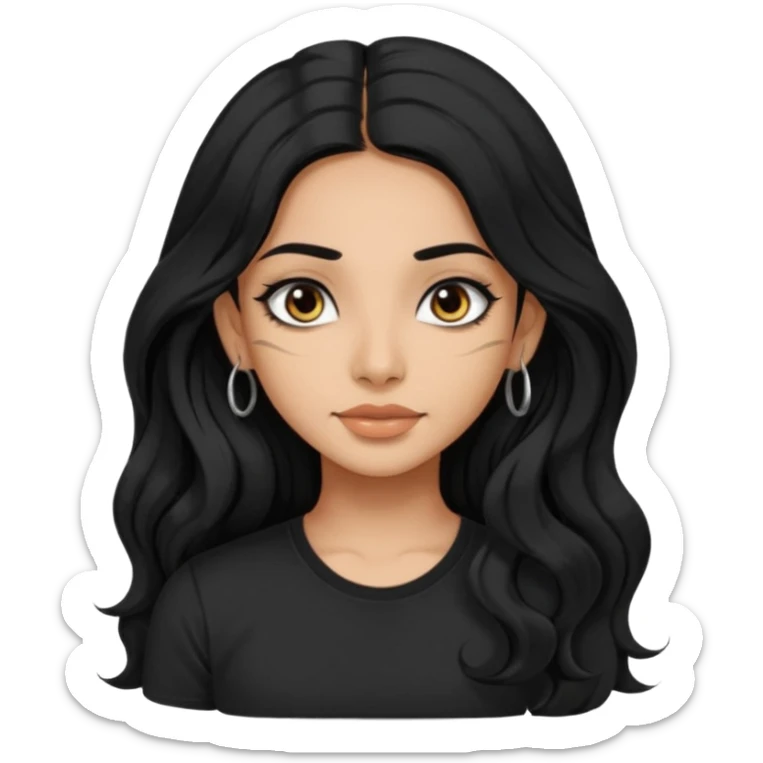 a pretty indian bratz girl with wavy long black hair, wearing a black tshirt, eyeliner on. no earrings sticker