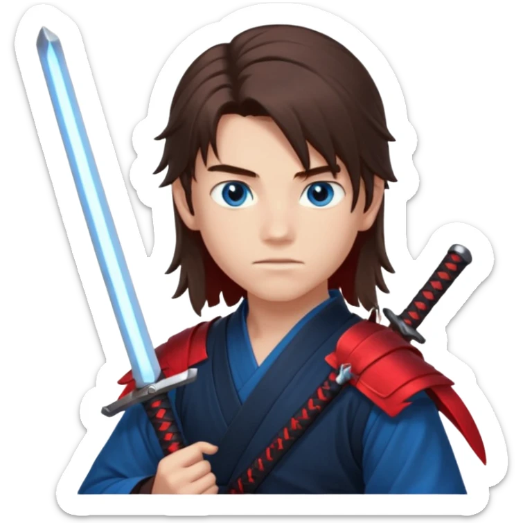 A 14 year old with red glowing katana and his hair be long and eye colour of blue make it boy  sticker