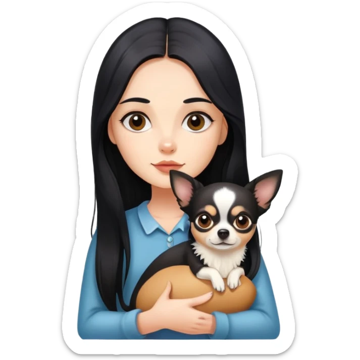 Fair skin girl - long black hair - holding a chihuahua sticker