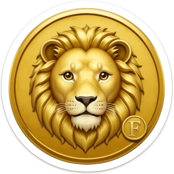 Fais un emoji de pièce d'or ronde avec l'inscription "F" dessus et un lion très détaillé gravé sur la pièce. Le F et le lion doivent être très lisible ainsi que les détails autour de la pièce. Le lion doit être gravé et en 2D il doit pas ressortir, il doit être subtile, le F doit être très visible sticker
