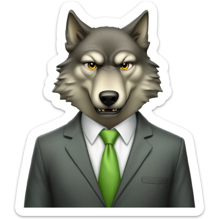 Portrait of Big Bad Angry Wolf with a human-like face wears a sleek jacket and tie like a salesman with a light green tie sticker