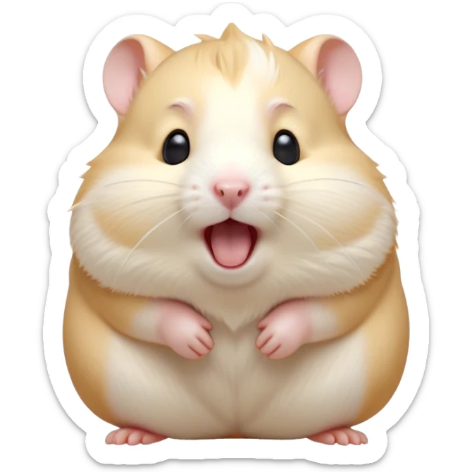 Cinematic Cute Yawning Cream Hamster Portrait Emoji, Head tilted slightly with a dramatic, wide-open yawn, showcasing a soft, pristine cream fur with tiny droopy ears, round dark eyes barely open in drowsy contentment, Simplified yet irresistibly adorable features, highly detailed, glowing with a soft, cozy glow, high shine, relaxed yet expressive, stylized with a touch of whimsy, bright and endearing, soft glowing outline, capturing the essence of a sleepy yet affectionate hamster, so drowsy it feels like it could stretch out of the screen and curl up for a nap! sticker