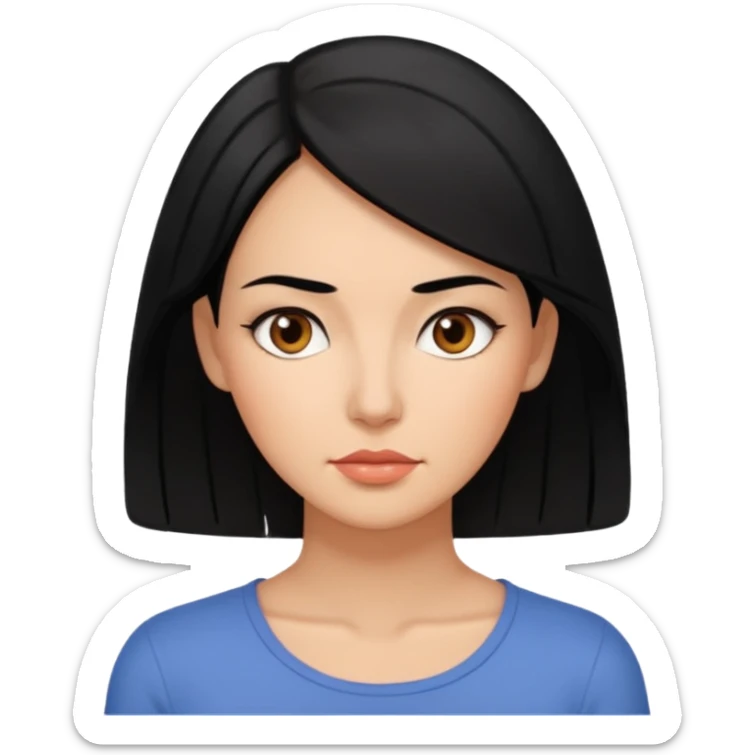 emoji of a 30-year-old woman with a more mature appearance, lady-like features, black hair, thoughtful expression sticker