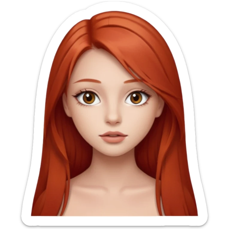 una chica de 18 años con los labios con pintalabios nude y los ojos maquillados, de piel blanca con el pelo liso, largo y pelirrojo, ojos marrones sticker