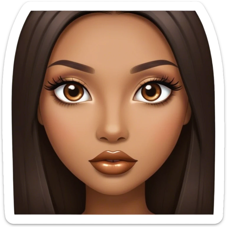 Glamourous, light brown skin tone, very beautiful girl, with big plump shiny lips, long long lashes, black straight smooth silky long hair, straight parting hair, brown eyes sticker
