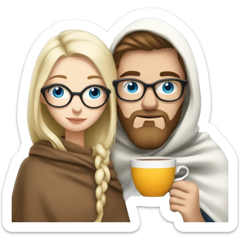 Pale blonde girl with blue eyes wearing glasses and pale man with short brunette and beard drinking tea under a blanket sticker
