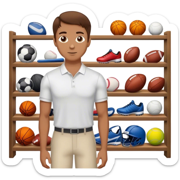 a white  salesman with brown hair standing next to a shelf where sports equipment is placed sticker