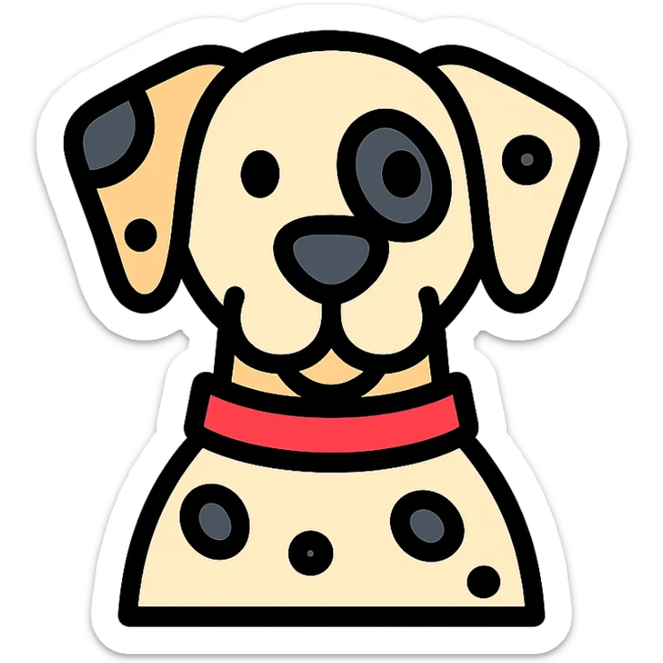 Dalmatian dog with a red collar, color outline icon style, black outlines, subtle color sticker