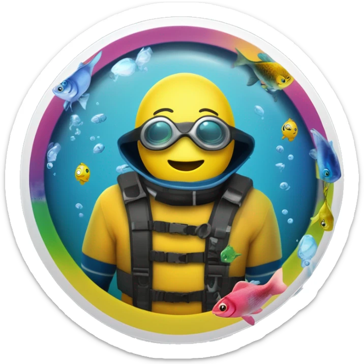 Freundlicher Gerätetaucher unter Wasser mit gelber Maske, schwarzen  Flossen,  gelber Flasche, blauem Neoprenanzug, regenbogenfarbener Tarierweste, von bunten Fischen umgeben sticker