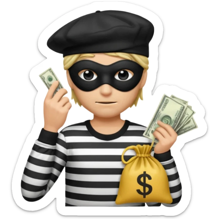 a short ios emoji-style portrait of a classic burglar, a black eye mask (looks like a blindfold) and a black-and-white striped shirt. emoji-like hair, black hat, ONE bag of money 💰 with a dollar sign in a right corner sticker