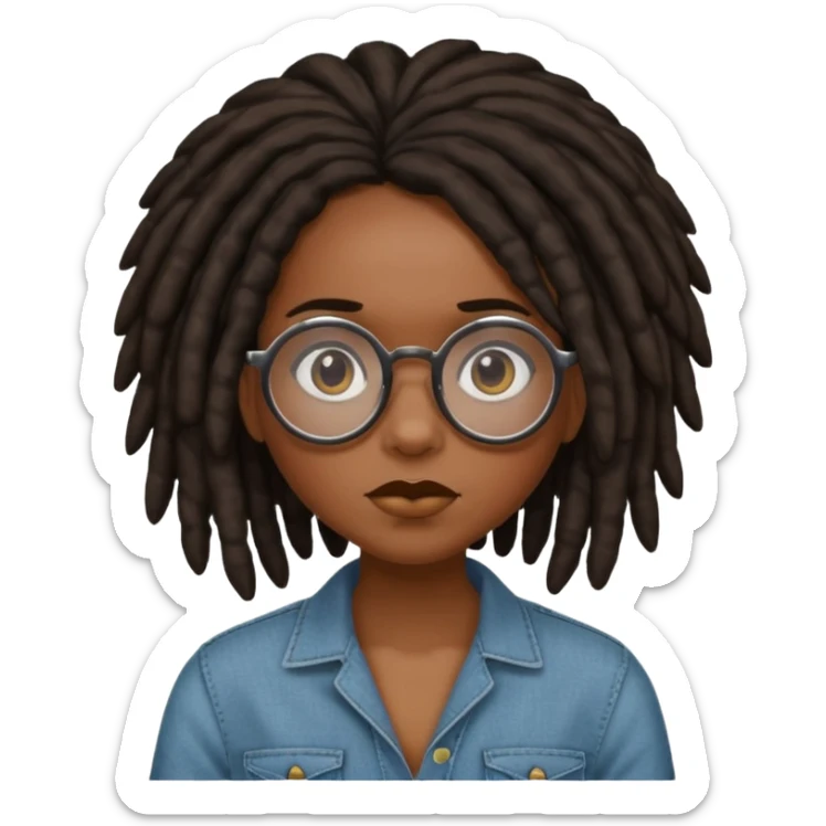 darker skin female with dark dreadlock hair wearing large round glasses saying no sticker