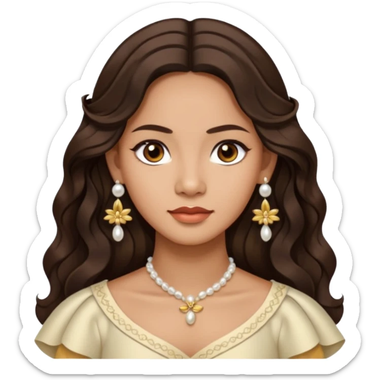 Tan Filipino woman with dark brown eyes and long dark wavy hair parted in the middle wearing a traditional filipiniana and white pearl stud earrings and no other jewelry sticker