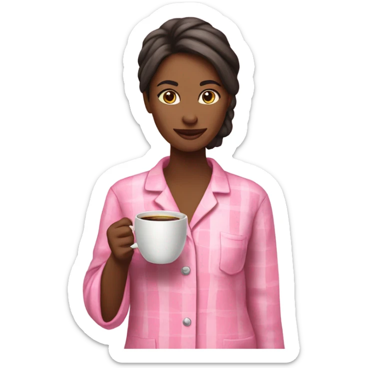 A woman who is in pink pajamas holding a cup of coffee￼ sticker