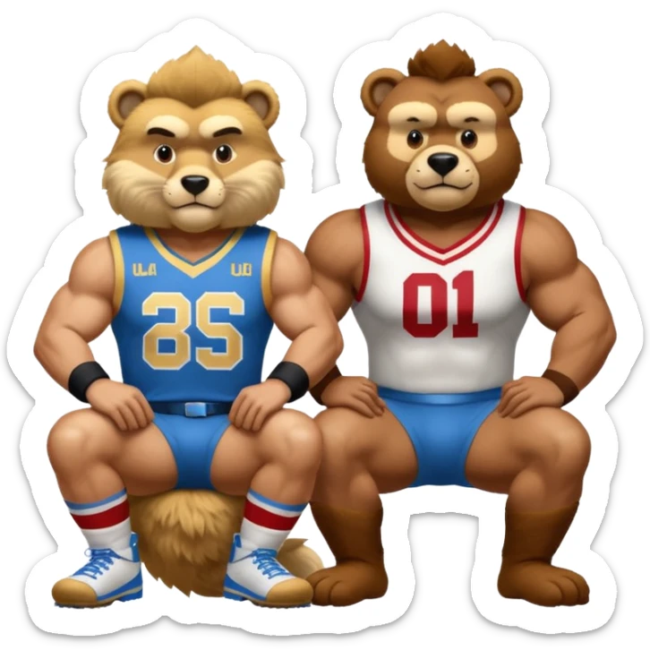 Can you create a emoji of threw Nebraska Cornhusker mascot sitting on top of the UCLA Bruin mascot sticker