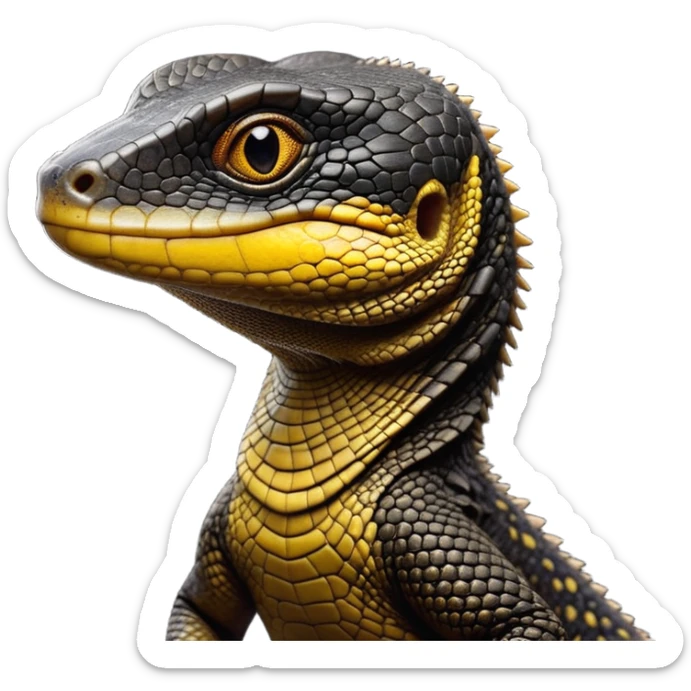 cinematic-realistic-cute-monitor-lizard-portrait-emoji,-head-tilted-playfully-and-inquisitively,-featuring-a-compact,-agile-body-with-finely-detailed,-glossy-scales-in-earthy-black and yellow-hues-and-a-distinct,-alert-face-with-bright,-curious-eyes, black , yellow spotted and green band  scales and a big long neck sticker