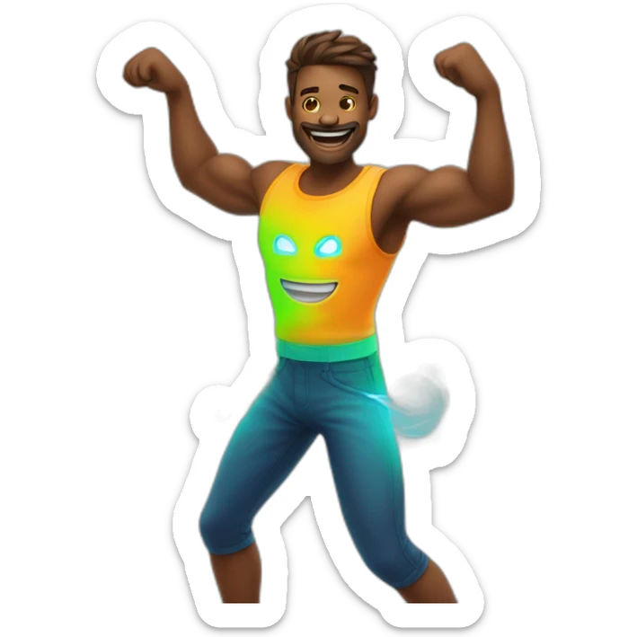 Fit, playful emoji-man with vivid neon glow, exuding a cheerful aura, and strong, lively posture.”  sticker
