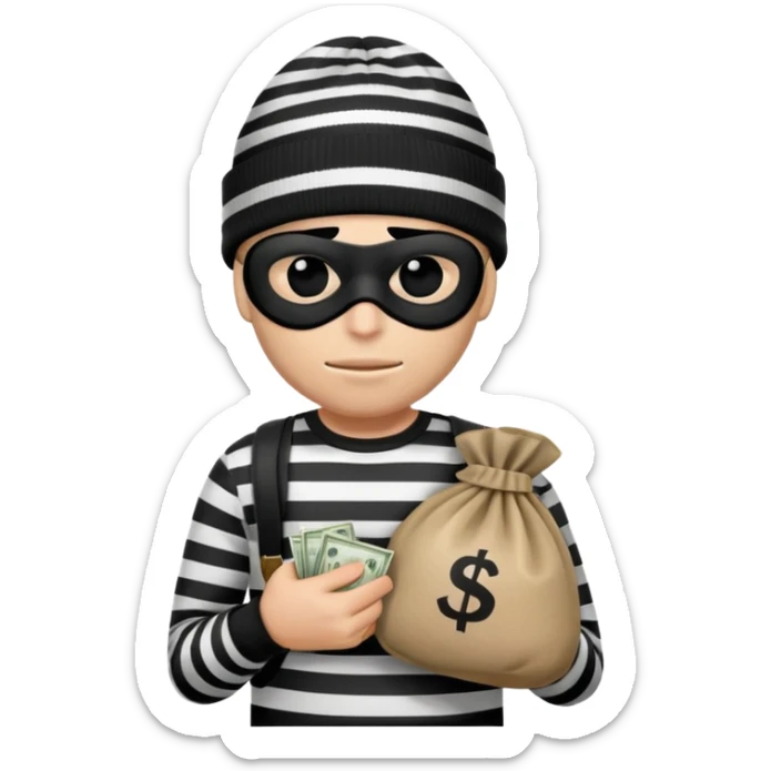 burglar with black and white striped shirt, black beanie, black mask over eyes, holding a moneybag sticker