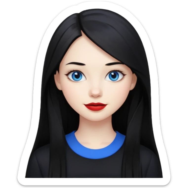 20 yr old woman long straight black hair, pale skin, blue eyes, red lipstick, black clothes, small smile sticker