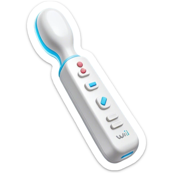 Clash of Clans aesthetic: Cinematic Playful Wii Nunchuk Portrait Emoji, rendered in a 3D vector-style similar to standard emojis with minimal shading and bold, simplified shapes. A compact, distinct form with signature details, softly glowing with a nostalgic gaming charm. Simplified yet unmistakably iconic, highly detailed and consistent, glowing with a soft radiance and high shine. Stylized with a touch of retro gaming magic and a soft glowing outline, capturing the essence of a beloved gaming relic with a friendly, playful manner! sticker