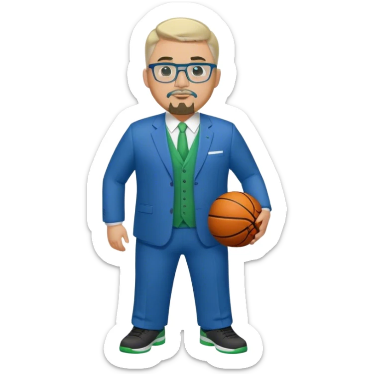 Full Body plus size white male basketball team manager with glasses blondish gray short hair with a goatee wearing blue and green suit sticker